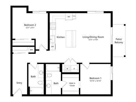 Floor plan for 2 beds, 2 baths, 1094 sqft